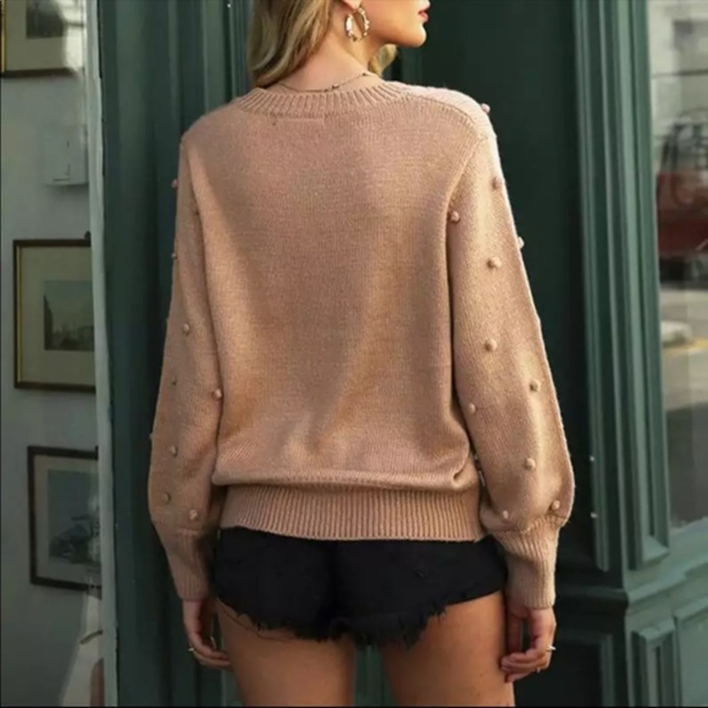 New Arrival! Tan Cable Knit Pom Pom Sweater Top - Picture 3 of 9